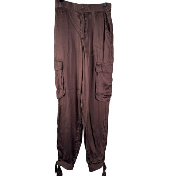 Young Fabulous & Broke Chocolate Brown Satin Tie Hem Jogger Pants Cargo Size XS - Picture 1 of 10